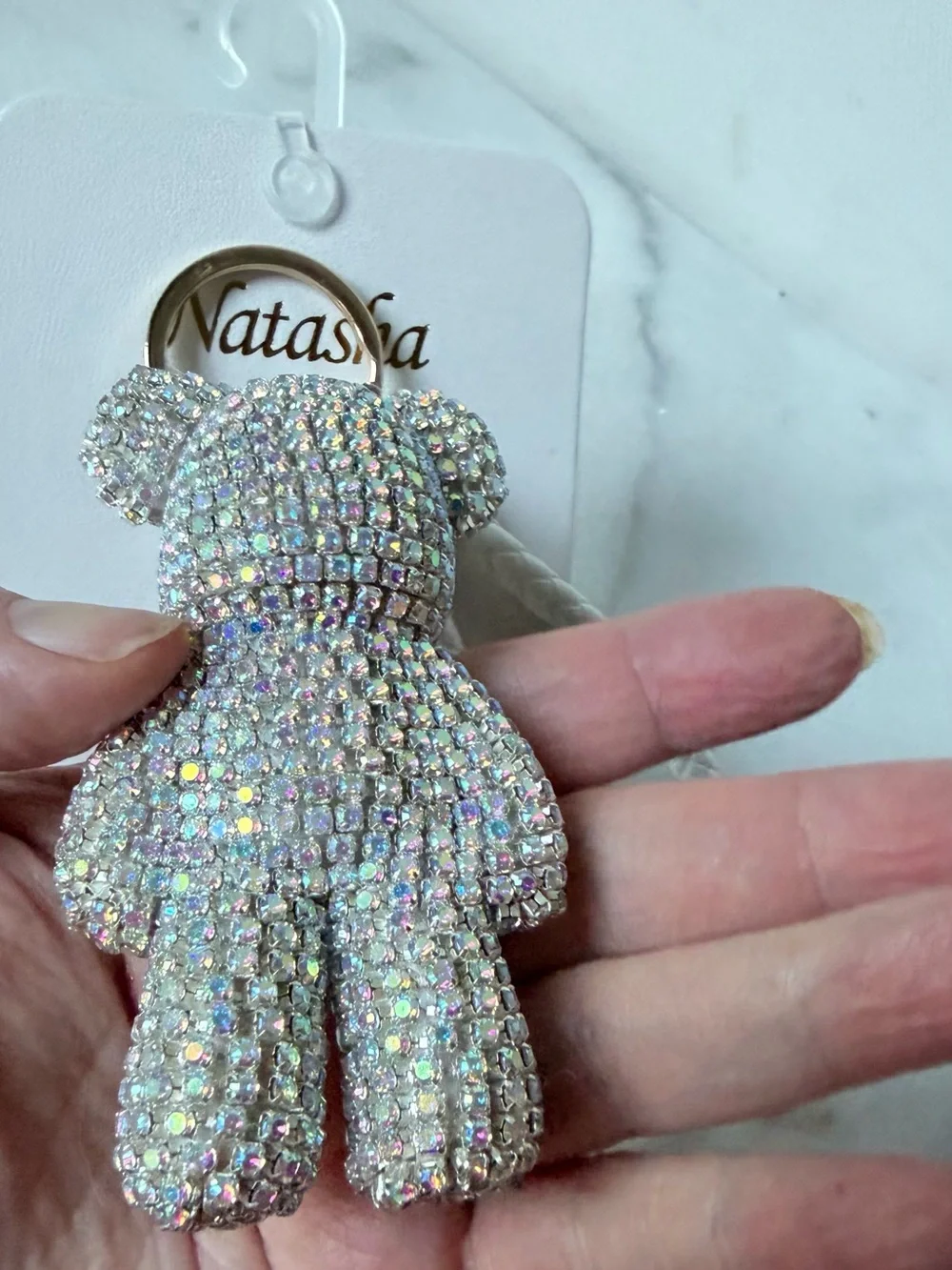 Natasha Couture White Braided Strap Crystal Teddy Bear Keychain